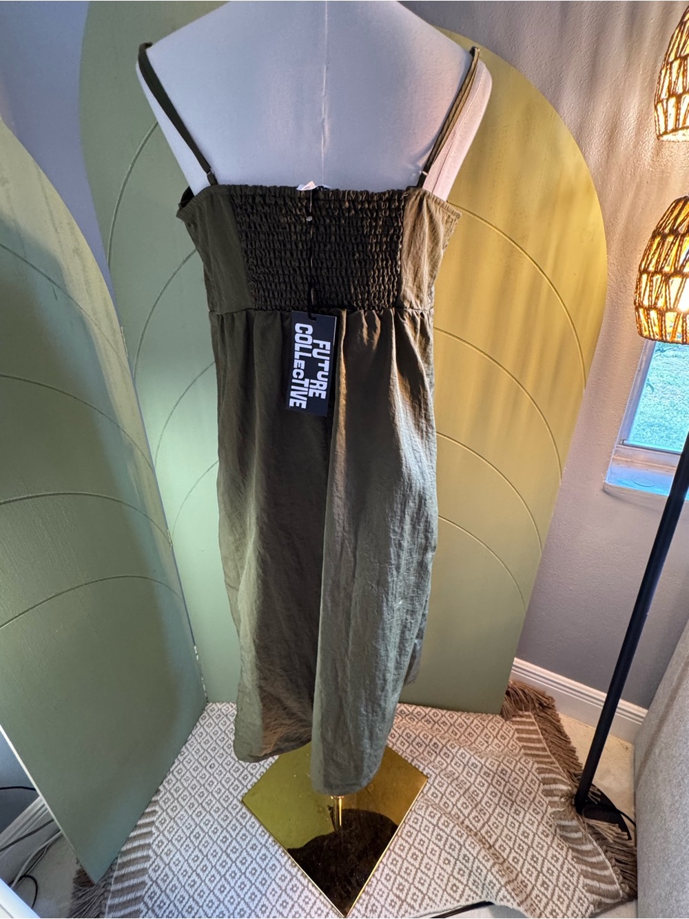 Olive Zip-Front Spaghetti-Strap Midi Dress - Picture 2 of 7